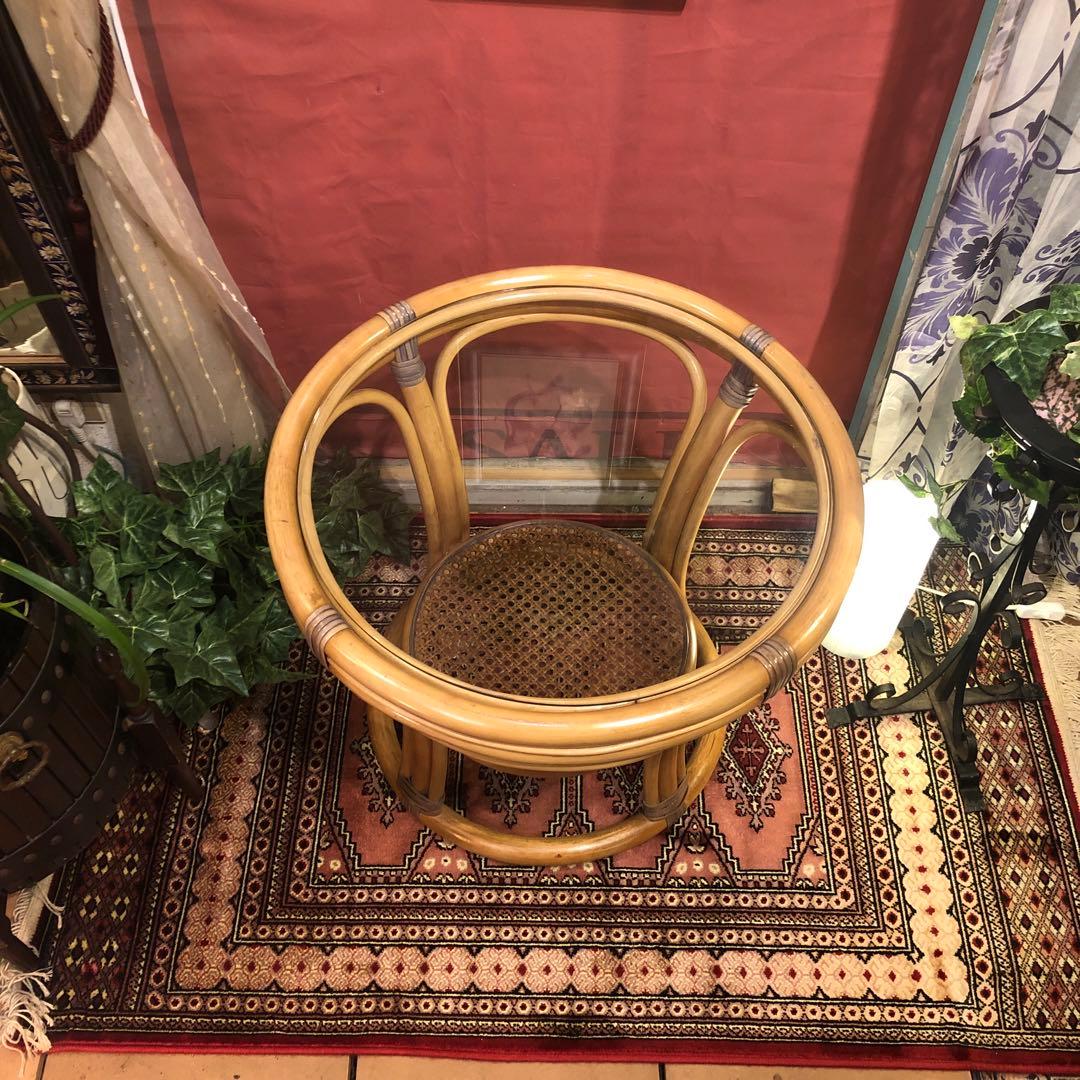 古家具　ヴィンテージ ナチュラル　籐ラタンフレーム サイドテーブル 丸テーブル