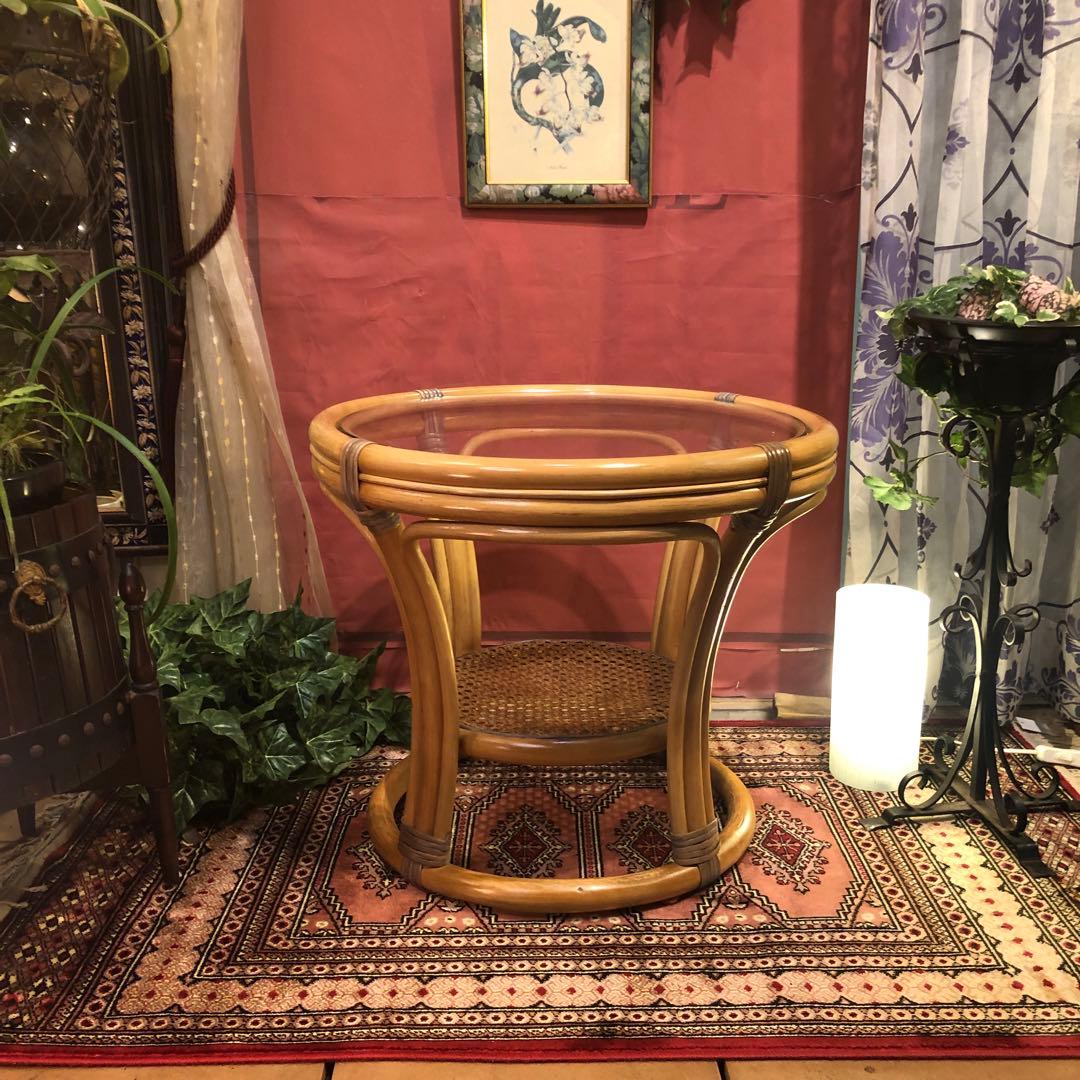 古家具　ヴィンテージ ナチュラル　籐ラタンフレーム サイドテーブル 丸テーブル