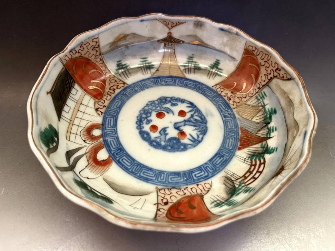 皿■伊万里赤絵膾鉢 なます皿 7客（明治期）山城 松竹梅 手描き印判 蛇の目高台