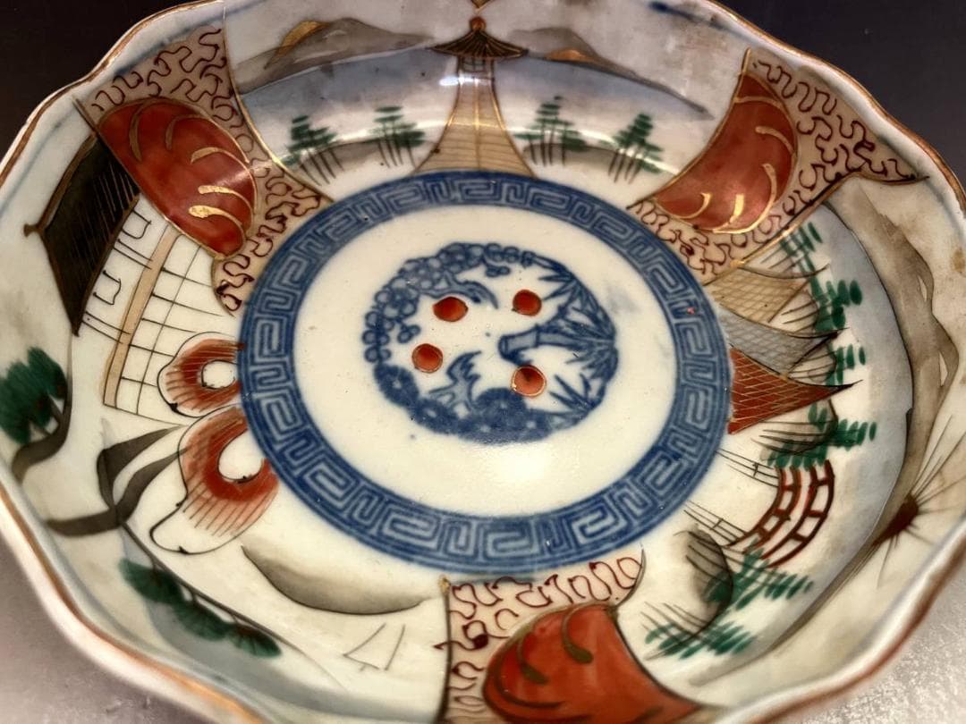 皿■伊万里赤絵膾鉢 なます皿 7客（明治期）山城 松竹梅 手描き印判 蛇の目高台