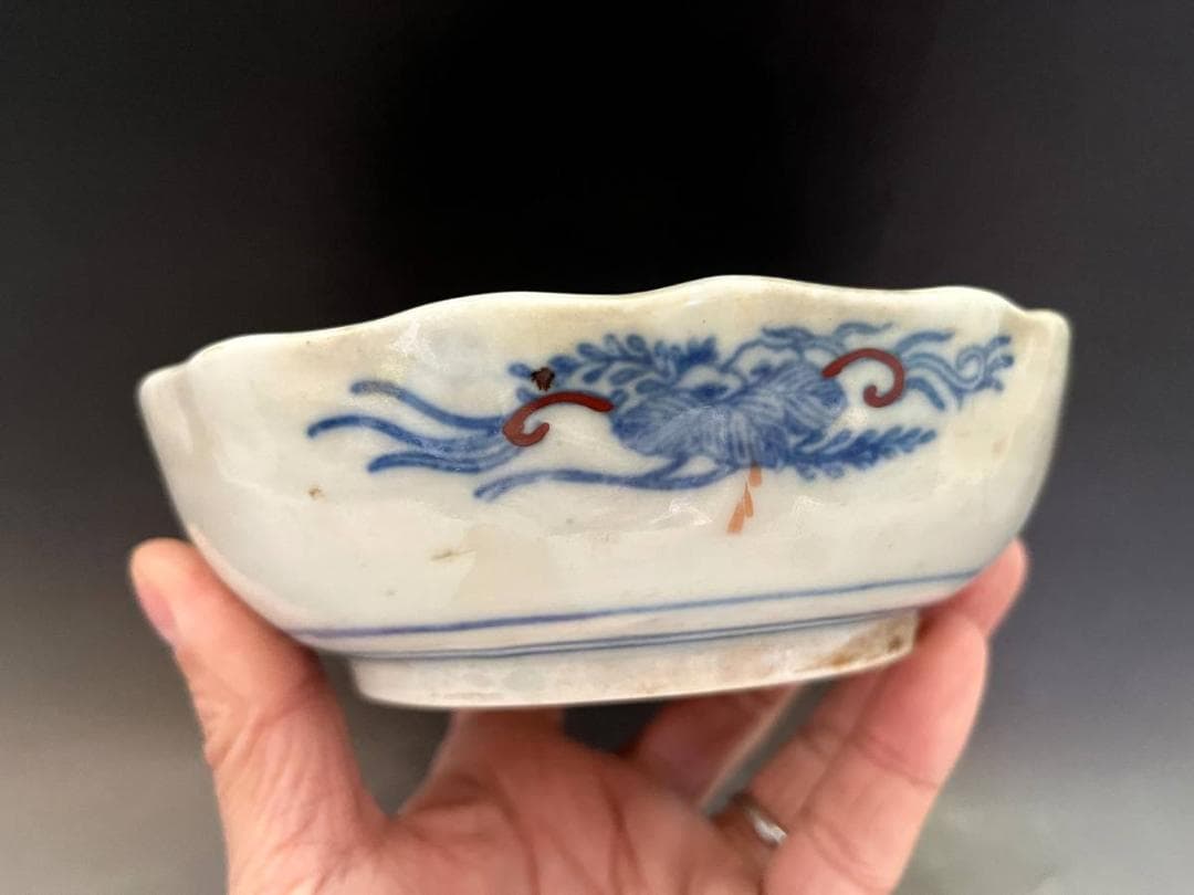 皿■伊万里赤絵膾鉢 なます皿 7客（明治期）山城 松竹梅 手描き印判 蛇の目高台