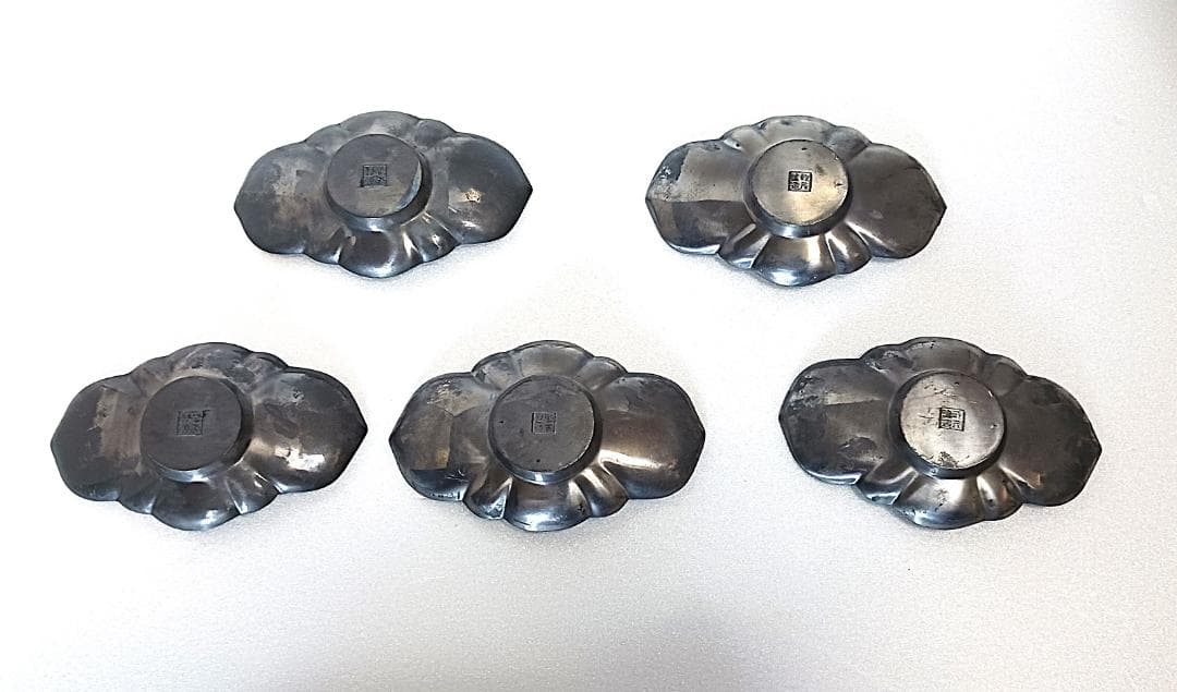 【アンティーク】　古錫 茶托 五客 在銘 乾茂號造　錫　【ヴィンテージ】
