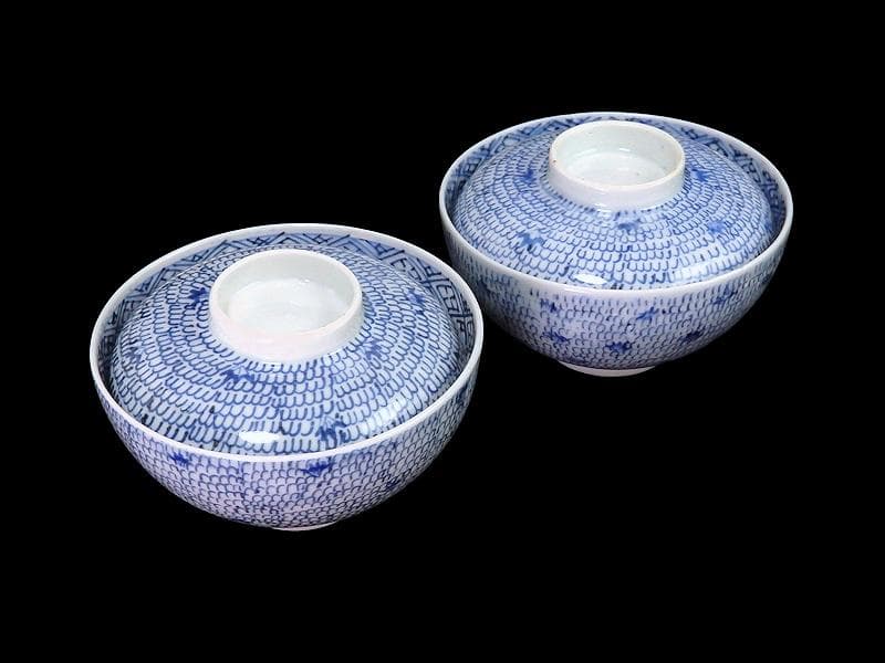 古伊万里　染付　微塵唐草の図　蓋茶碗　２客　C556AS-CWk