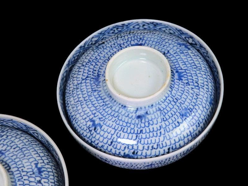 古伊万里　染付　微塵唐草の図　蓋茶碗　２客　C556AS-CWk