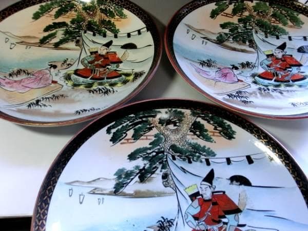 大皿●古い九谷焼き 武士 3枚セット 侍 松 侍 明治期 骨董品■40.0cm