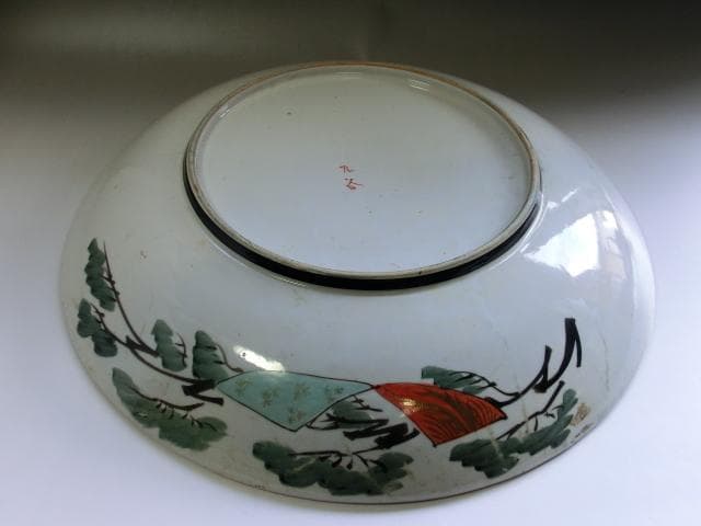 大皿●古い九谷焼き 武士 3枚セット 侍 松 侍 明治期 骨董品■40.0cm