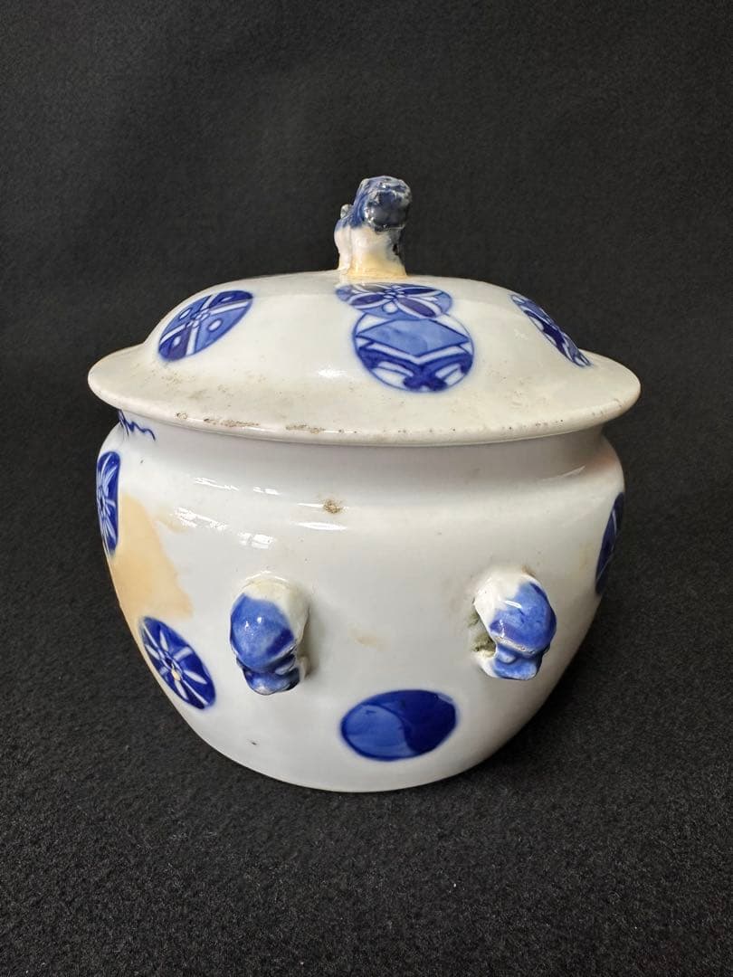 中国美術 清時代 古染付 獅子摘 玉図 蓋物 水指 茶道具 古陶磁