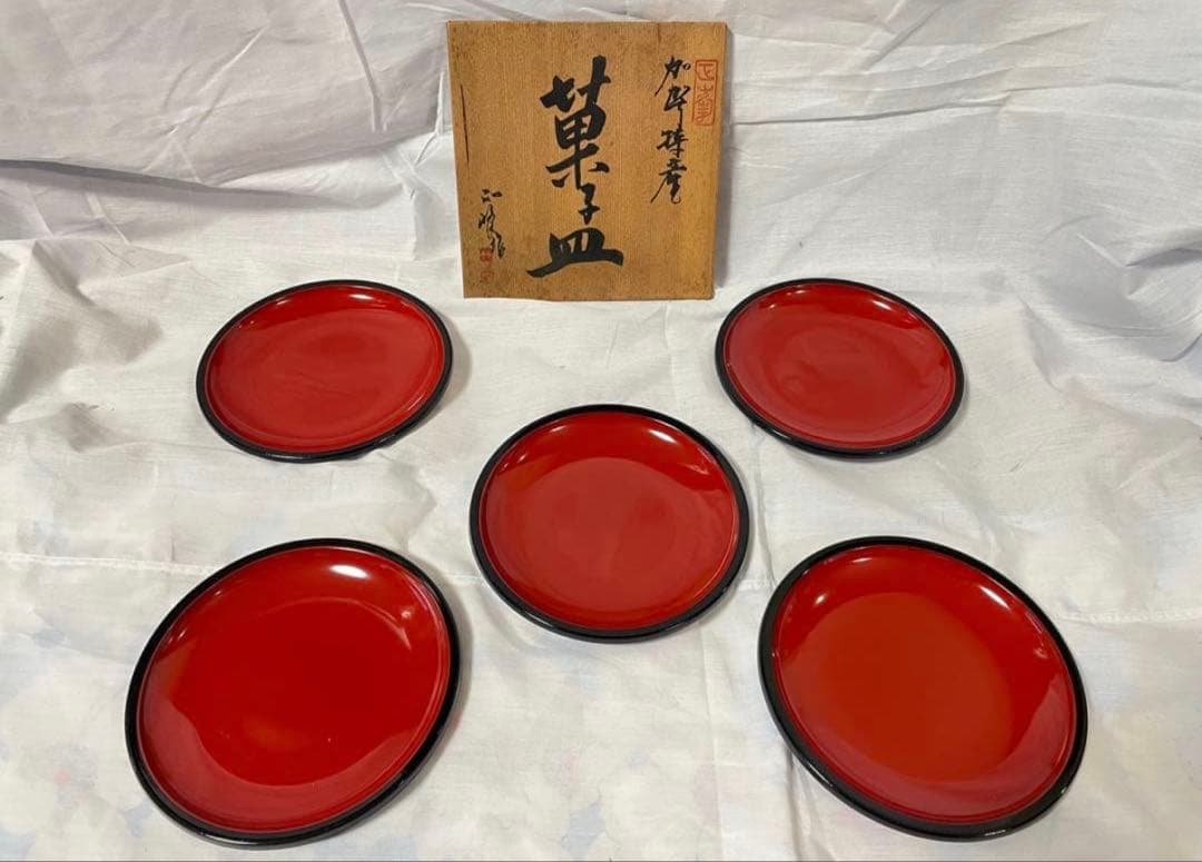 【新品未使用】三越 名匠蒔絵 菓子皿 五枚組 共箱付 朱塗 漆器 銘々皿