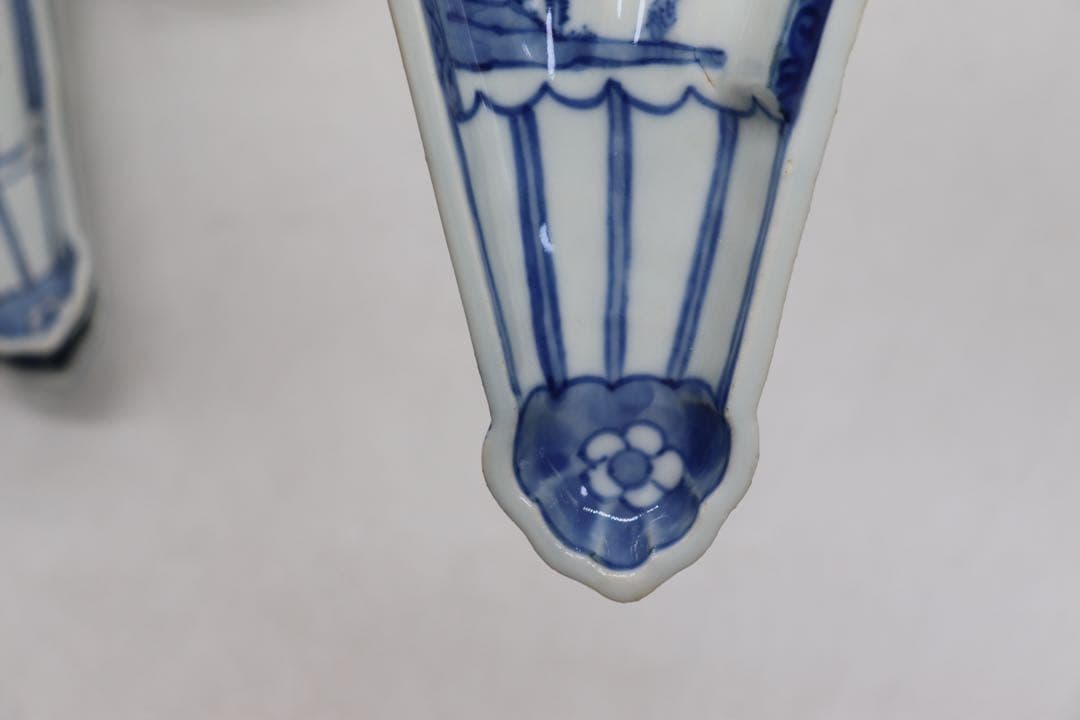 古染　半開き扇子型向付5点　山水人物紋　足付　送料込み251002