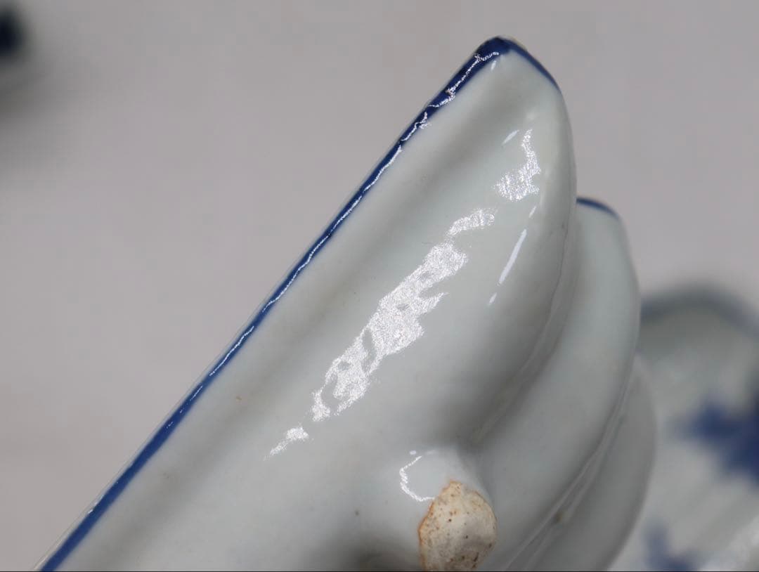 古染　半開き扇子型向付5点　山水人物紋　足付　送料込み251002