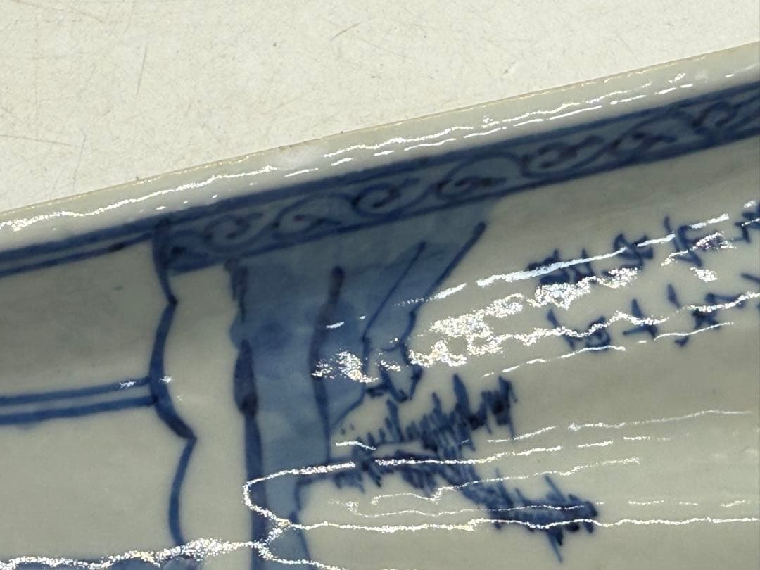 古染　半開き扇子型向付5点　山水人物紋　足付　送料込み251002