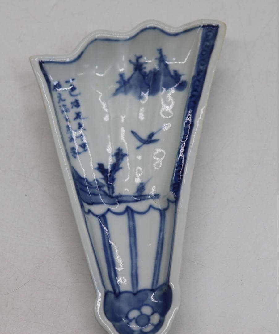 古染　半開き扇子型向付5点　山水人物紋　足付　送料込み251002