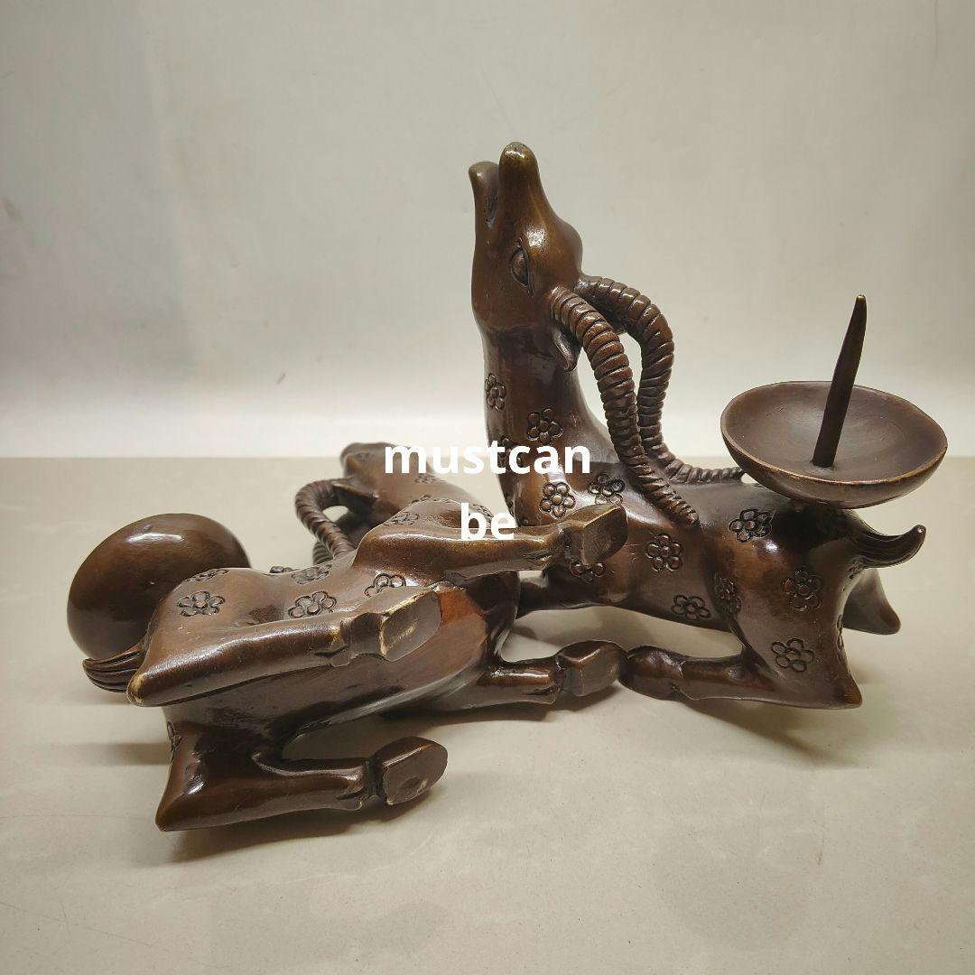 銅製 梅鹿燭台 美品 縁起物 仏堂置物 装飾品 工芸品