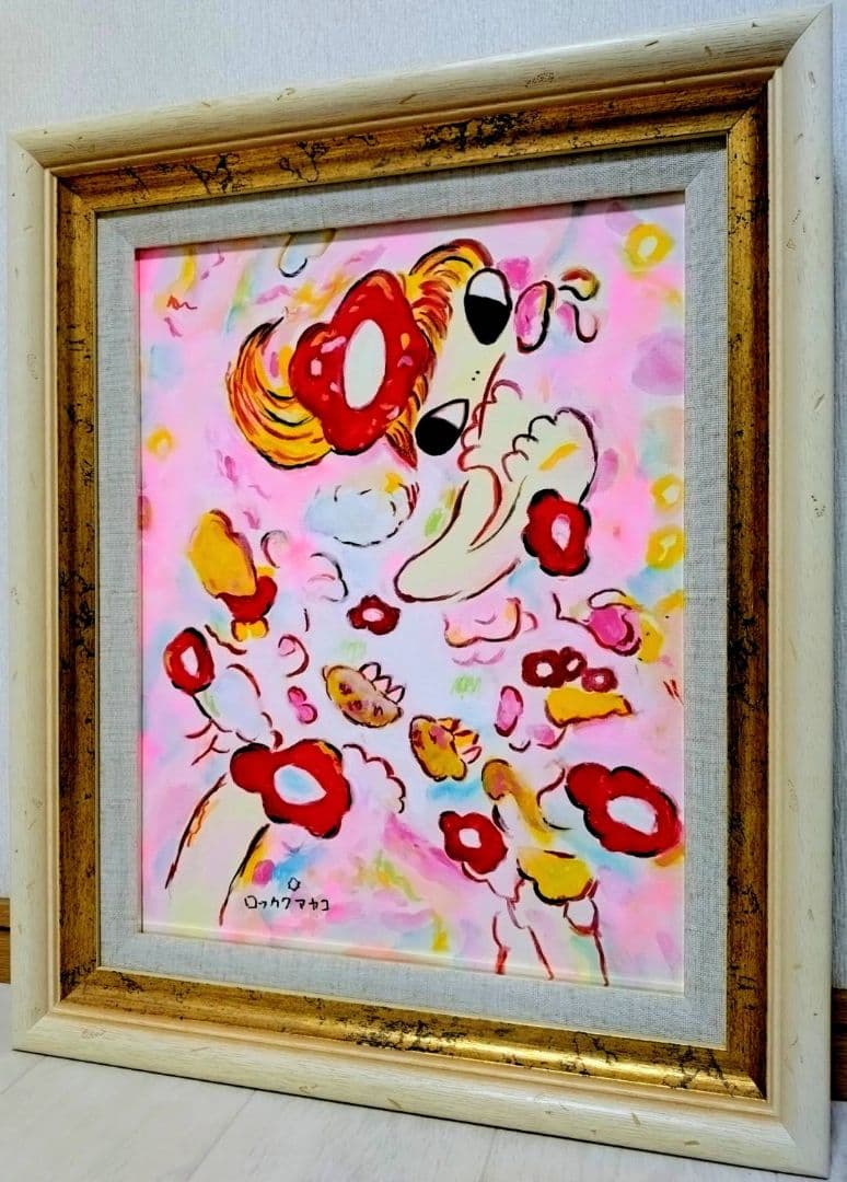 【F6号】ロッカクアヤコ　手描き作品/表裏サイン・裏描き有/油彩/アクリル/額縁