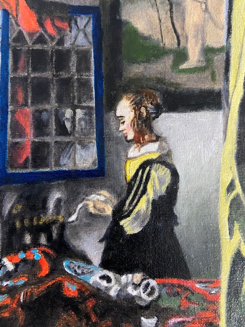 フェルメール　肉筆手描きの油絵模写画　窓辺で手紙を読む女