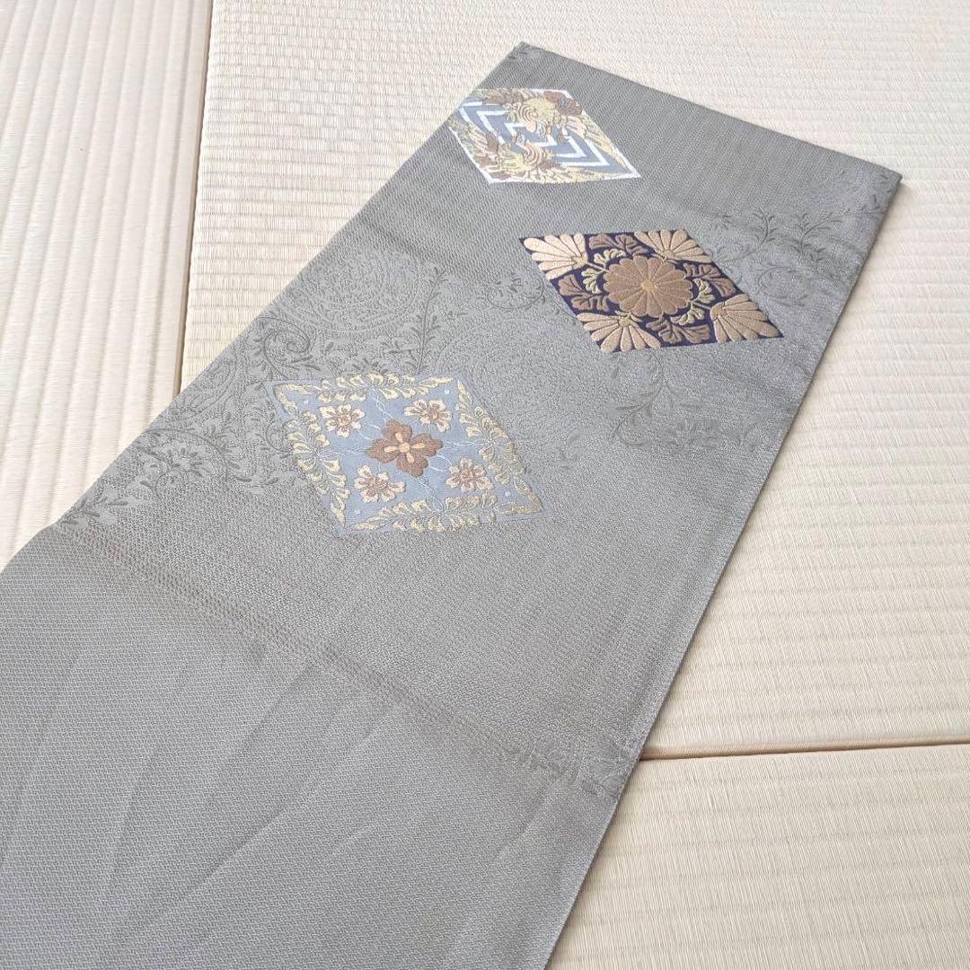 銀鼠色 美しい織り 袋帯