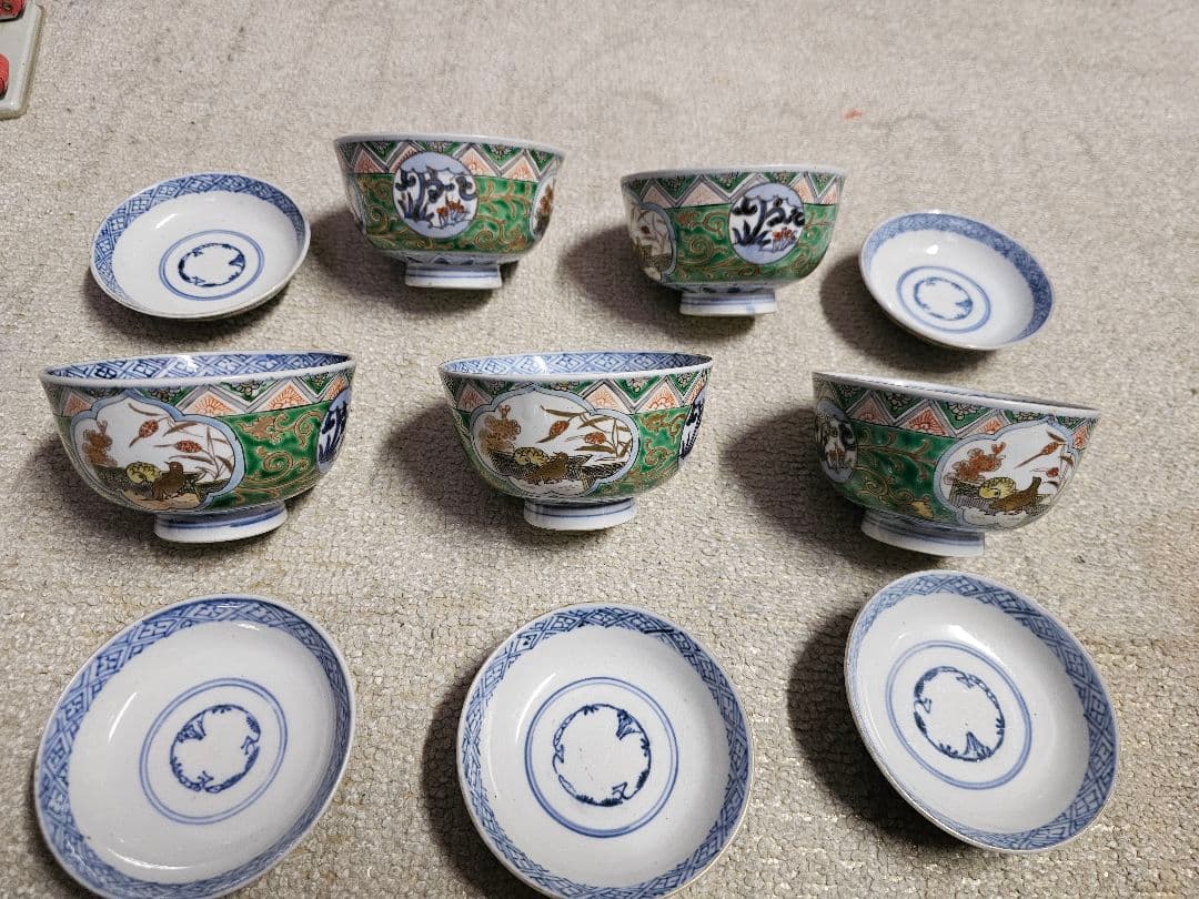 幕末明治 丸福 伊万里染錦蓋付き茶碗 五客 セット