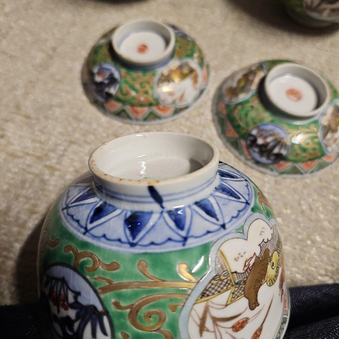 幕末明治 丸福 伊万里染錦蓋付き茶碗 五客 セット