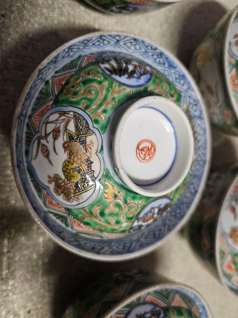 幕末明治 丸福 伊万里染錦蓋付き茶碗 五客 セット