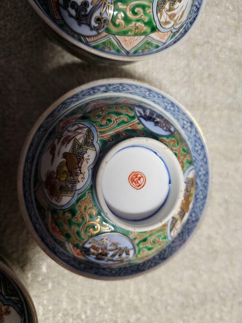 幕末明治 丸福 伊万里染錦蓋付き茶碗 五客 セット