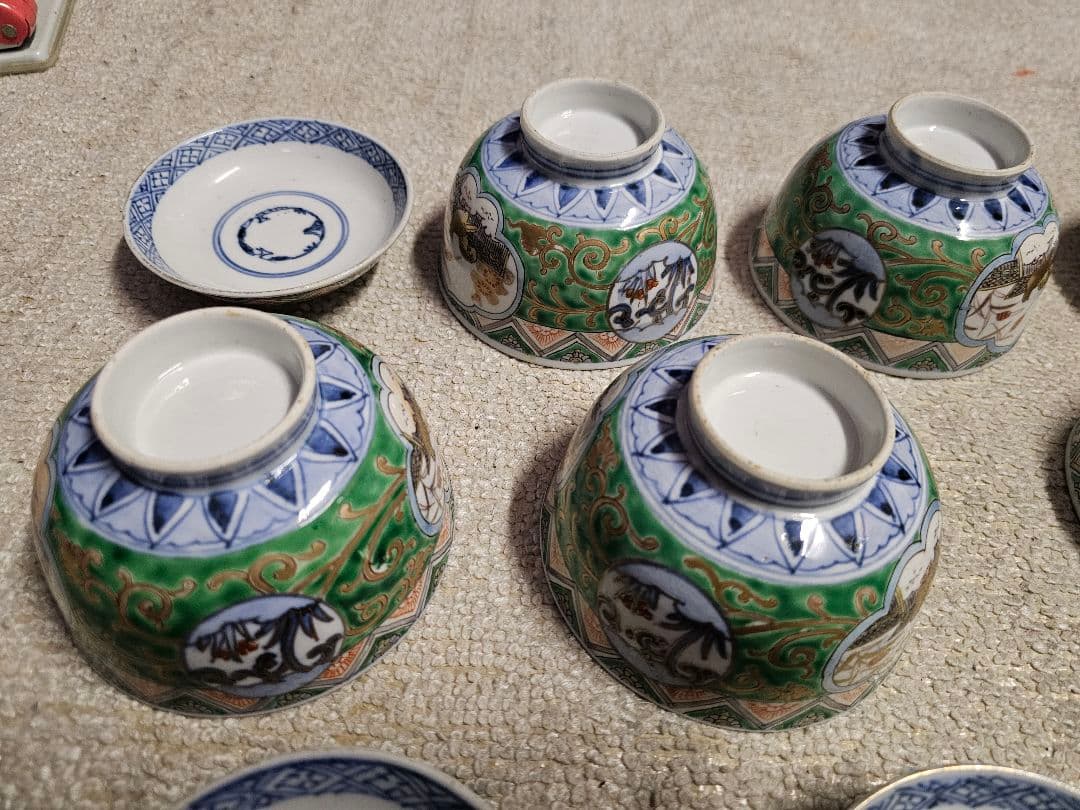 幕末明治 丸福 伊万里染錦蓋付き茶碗 五客 セット