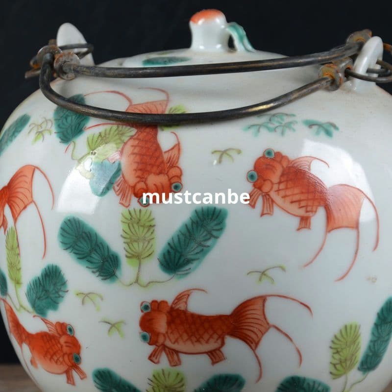 手画パステル金魚壺 提梁壺 茶壺 景徳鎮 陶磁器 煎茶器 現代工芸品 置物