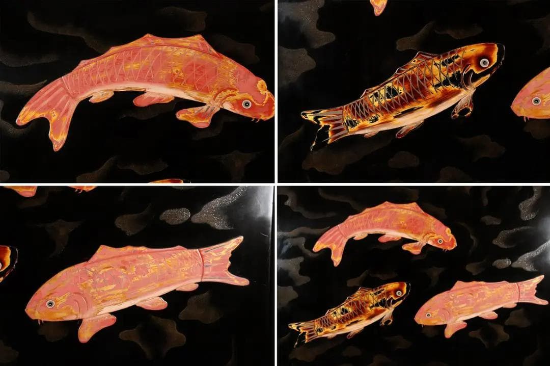 BA01 富山最高峰　蒔絵師　名工 中村尚濤済 作　漆蒔絵　衝立　桜獅子福鈴鯉