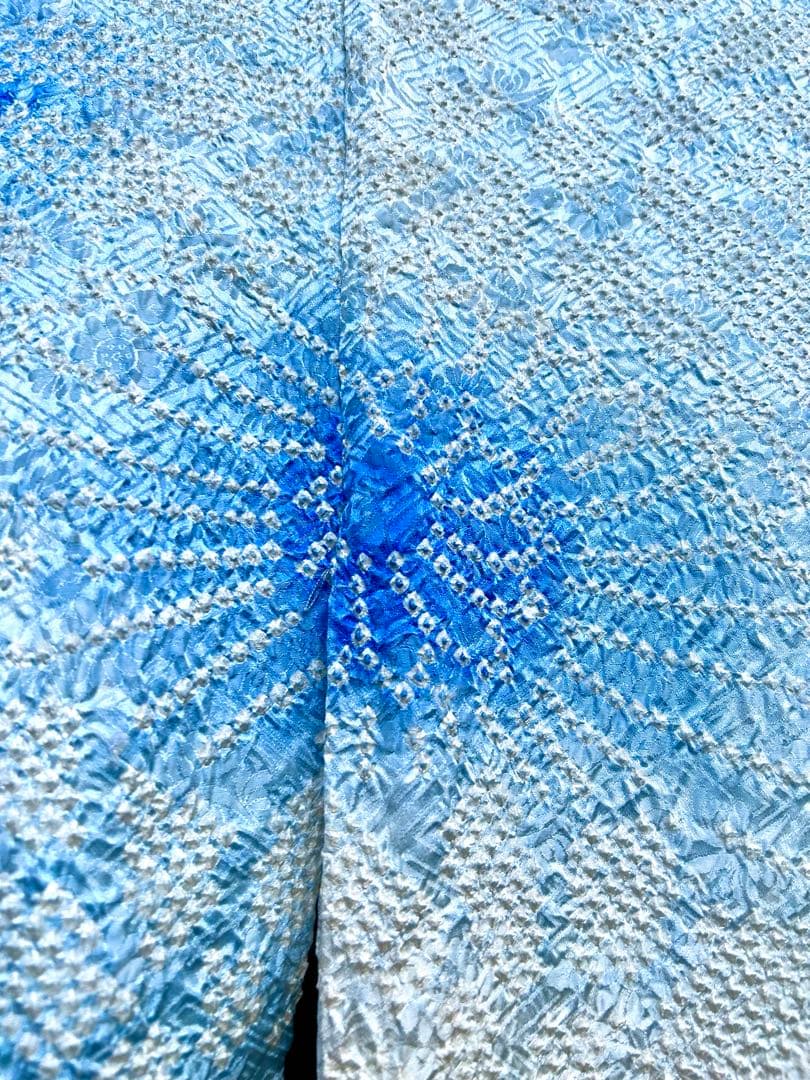 総絞り高級振袖　重ね衿付き　身丈 160cm　裄丈 67cm 青水色ピンク花柄