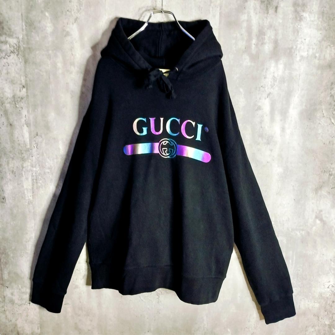 19SS★グッチ オーロラレインボーロゴ インターロッキングG パーカー 黒 L