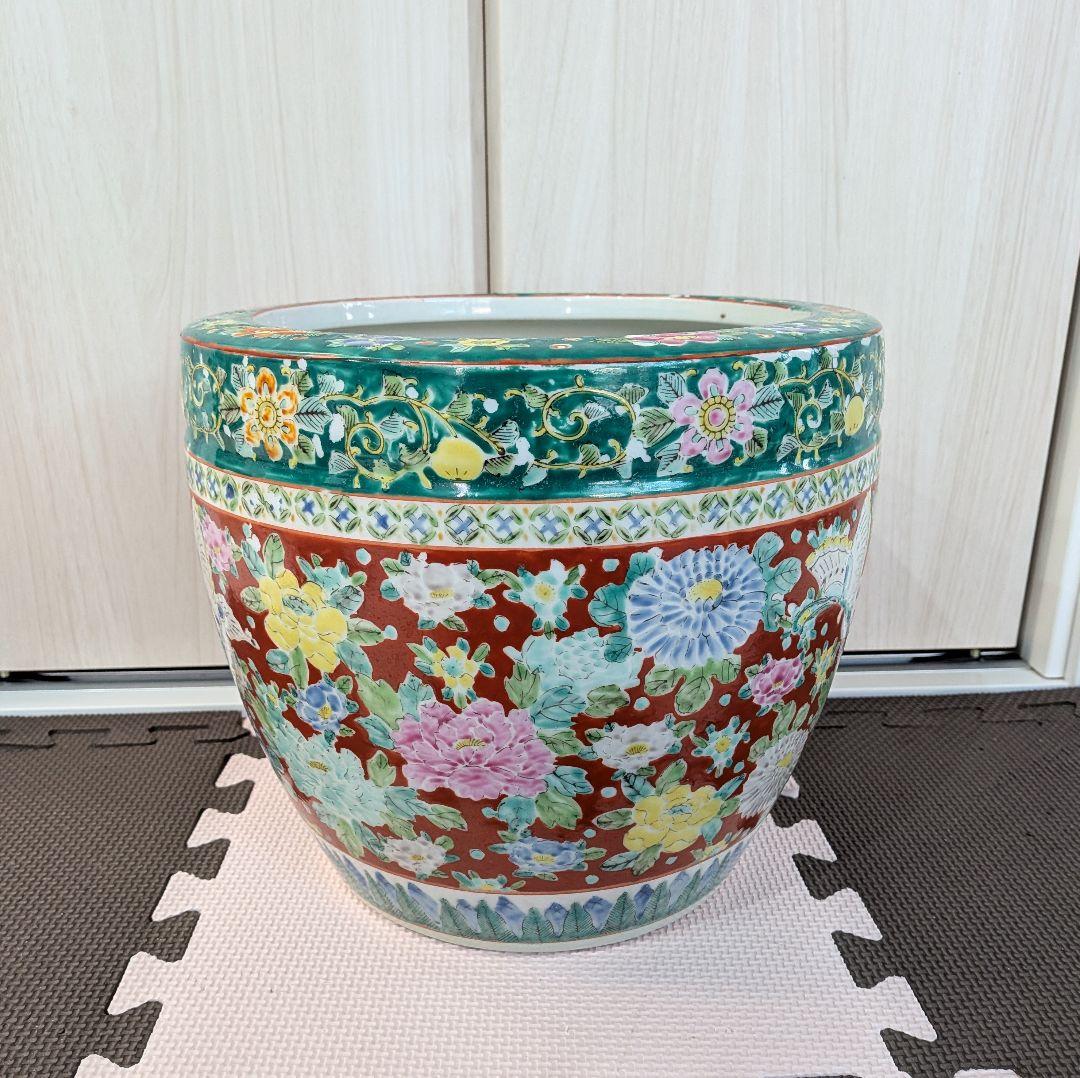 十錦手色絵　花・蝶　火鉢　年代物