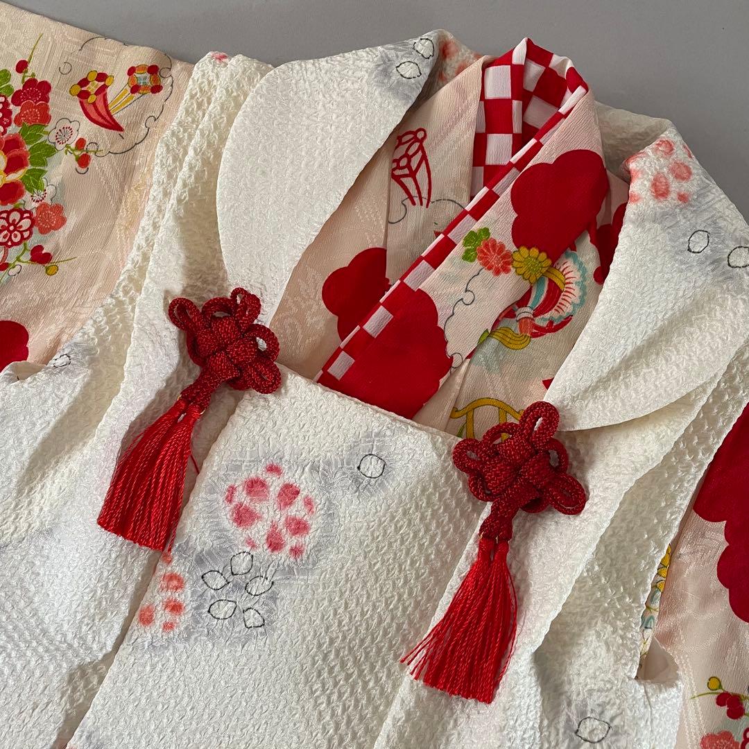 七五三　3歳　正絹　アンティークお着物セット　総絞り被布　ハンドメイド　巾着