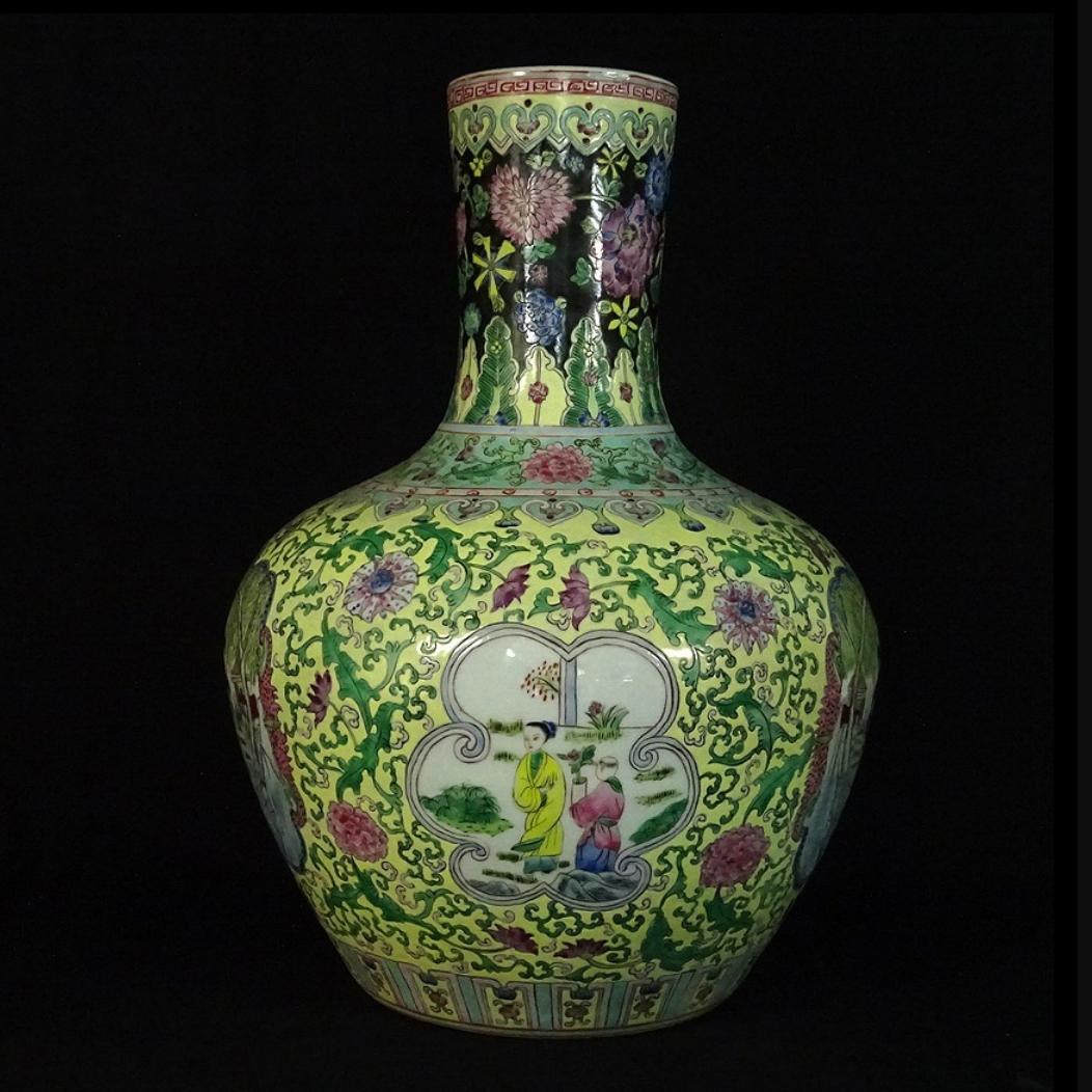 中国古玩 粉彩 天球瓶 大花瓶 高約52cm 時代物 唐物 x031135