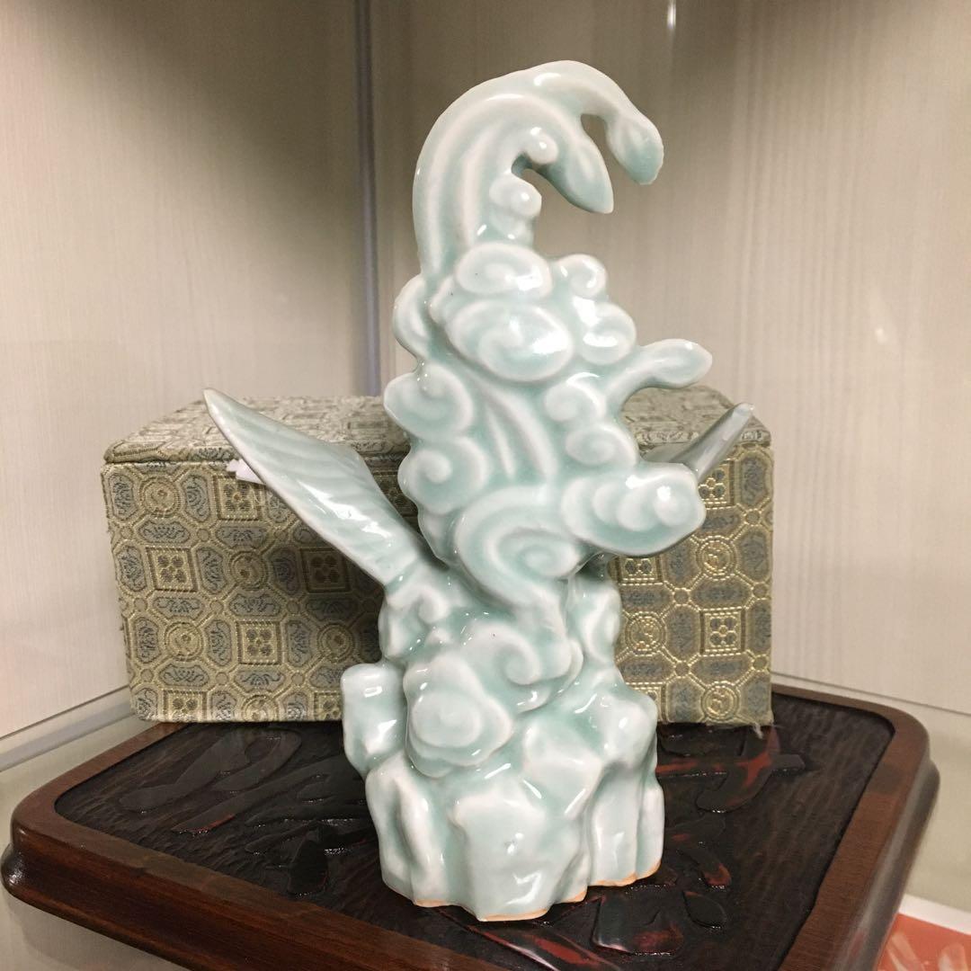 箱付き　中国龍泉窯　青磁　鳳凰　一輪挿し　花器　花瓶　オブジェ　インテリア