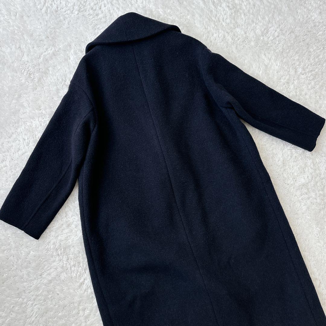 【良品】ENFOLD ロングコート リバー ウール ネイビー×ブルー 38