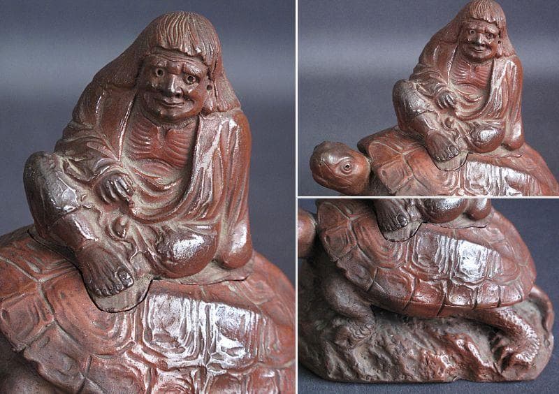 値下げ‼️ 時代!! 天保赤備前『亀に仙人香炉』珍しい細工物　高13㎝