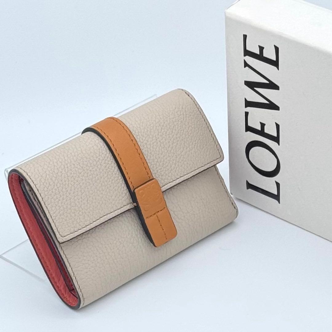 【美品】LOEWE 三つ折り財布 レザー グレージュ×コーラル　箱付き
