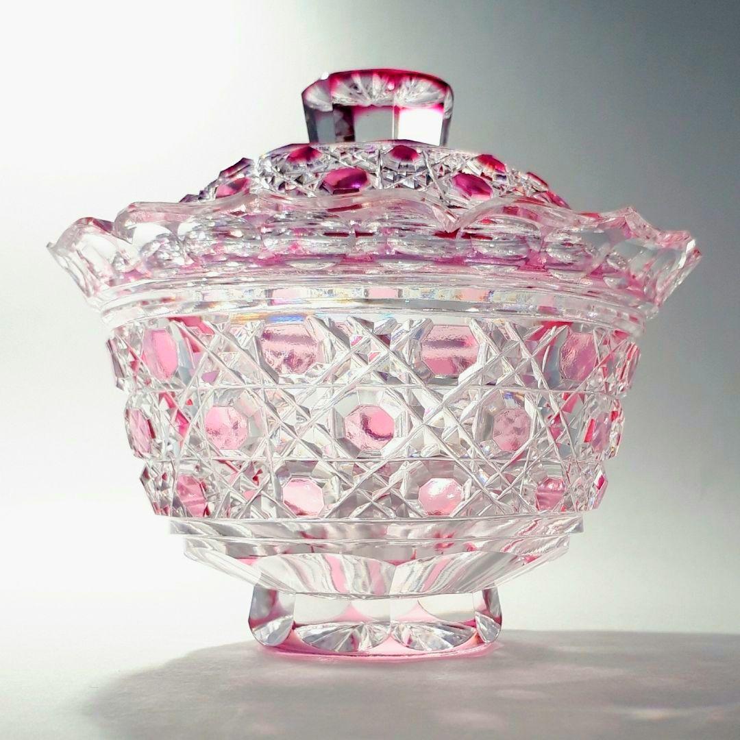 江戸切子　堀口硝子✩秀石　金赤色被せ　八角籠目 蓋物　【 美品 】