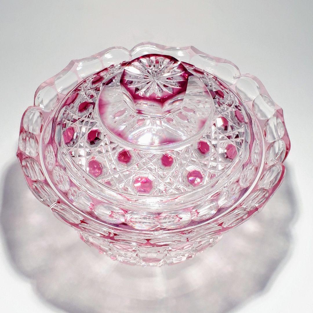 江戸切子　堀口硝子✩秀石　金赤色被せ　八角籠目 蓋物　【 美品 】