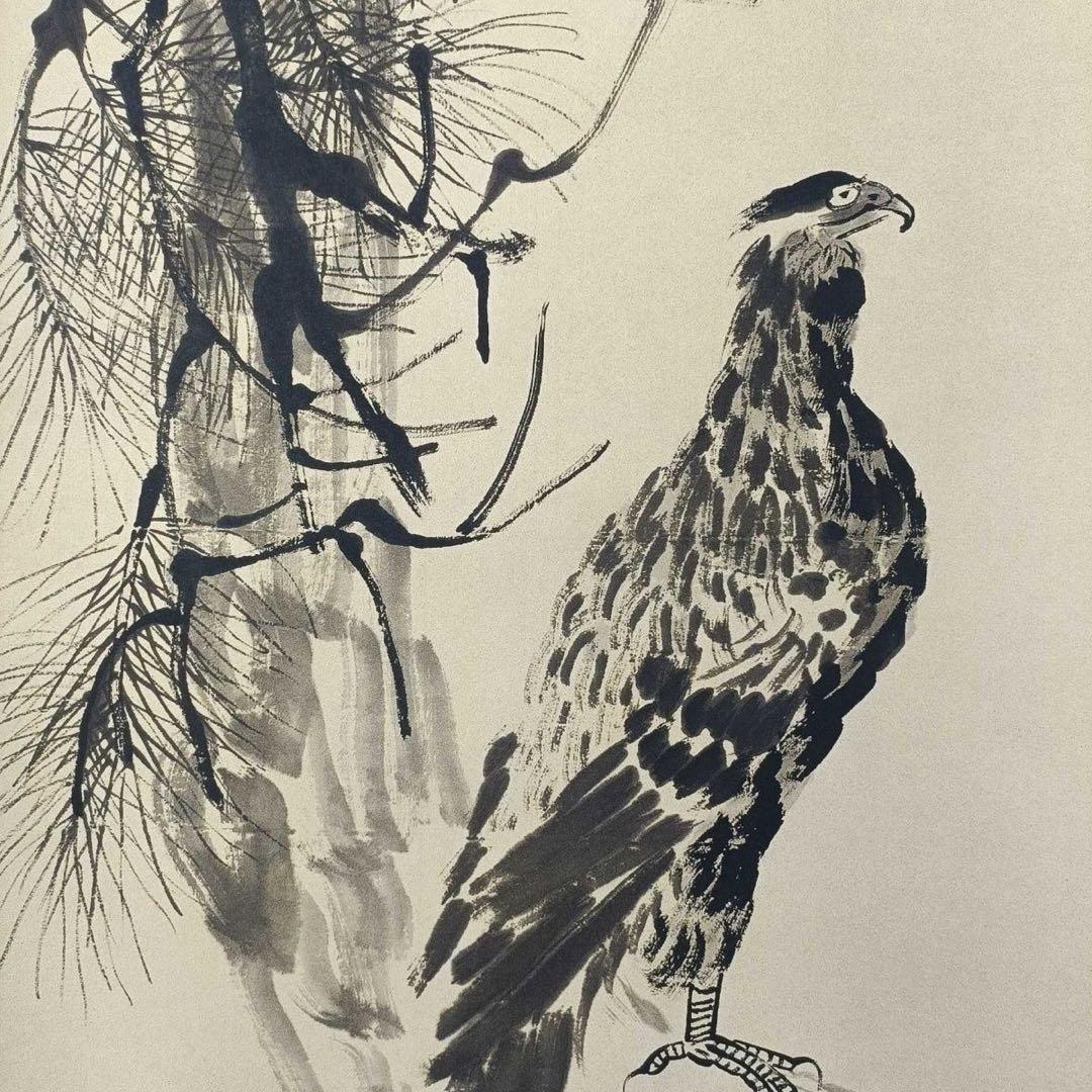 齊白石《倚鷹図》 中堂掛軸　防偽ラベル付き　77×175cm