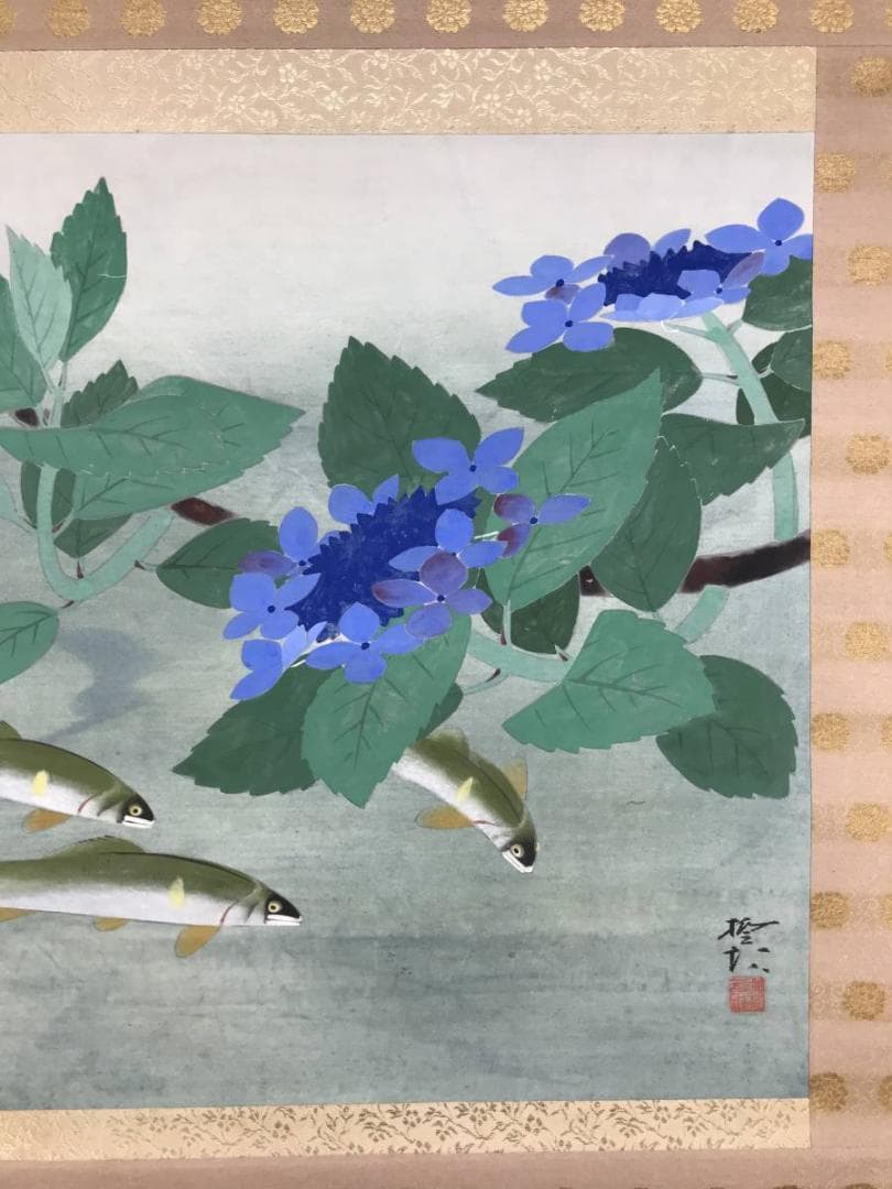 【真作】飯島柳三郎/鮎図/アユ図/香魚図/横物/掛軸/名家伝来/AD-757