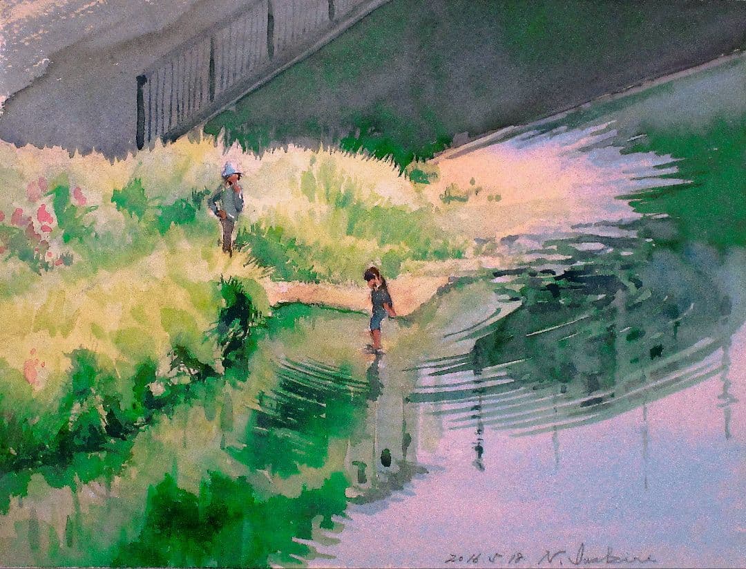 水面の波紋-水彩画-額縁付き