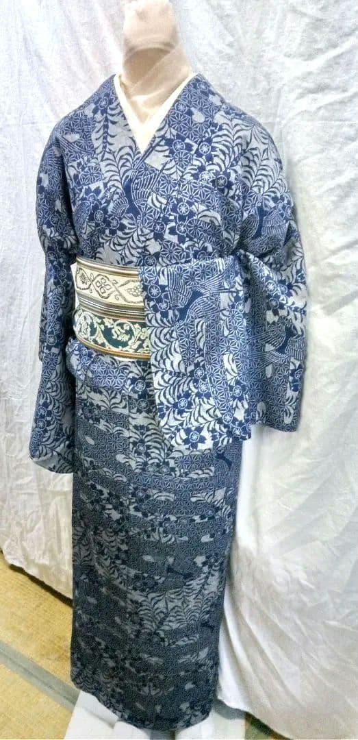 夏小紋綿両面藍染め、紺色型絵絣柄、手縫い