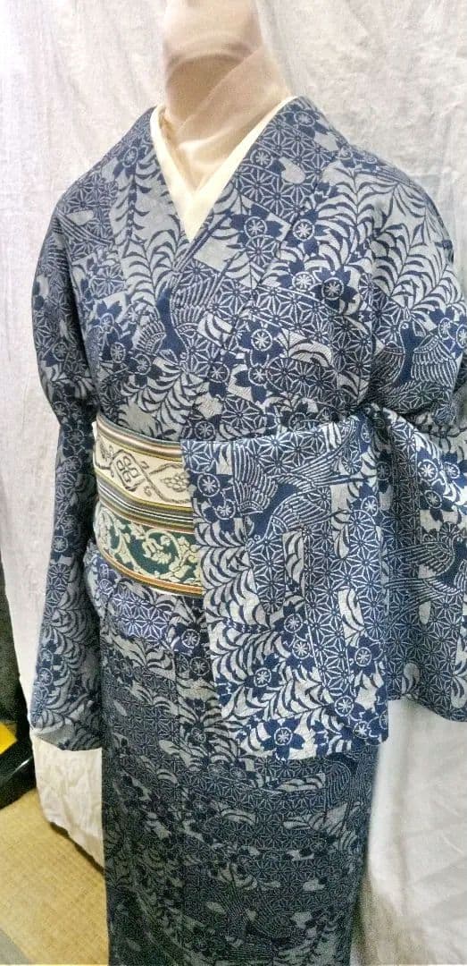 夏小紋綿両面藍染め、紺色型絵絣柄、手縫い