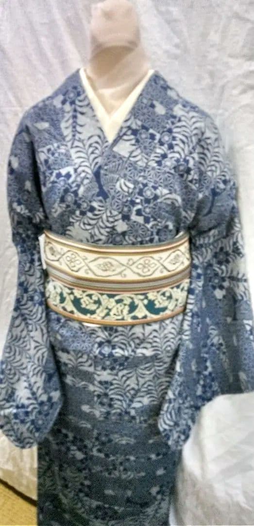 夏小紋綿両面藍染め、紺色型絵絣柄、手縫い