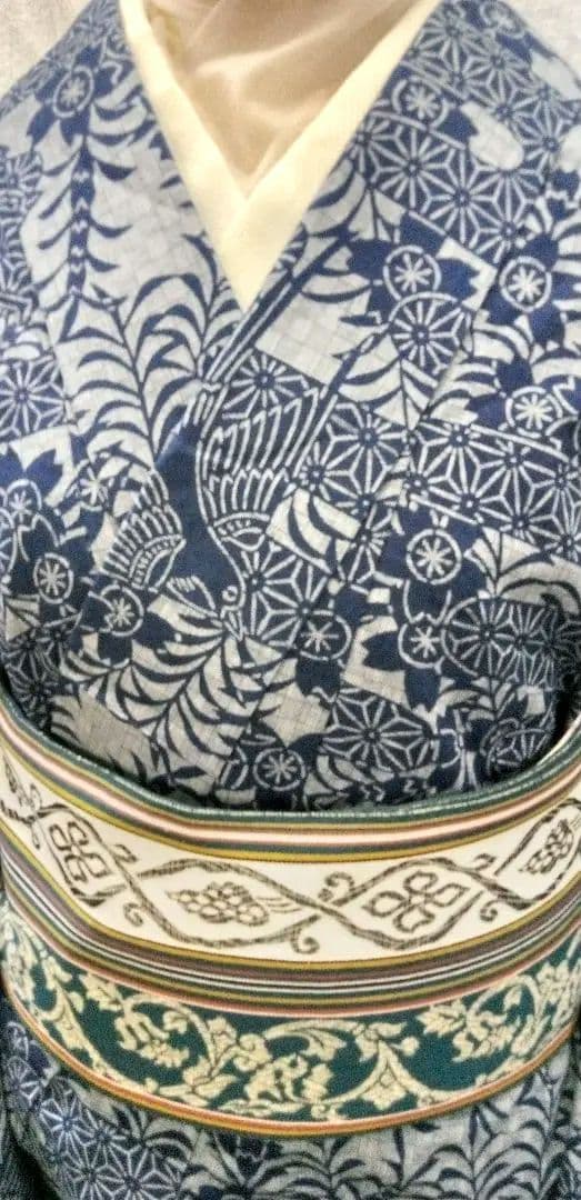 夏小紋綿両面藍染め、紺色型絵絣柄、手縫い