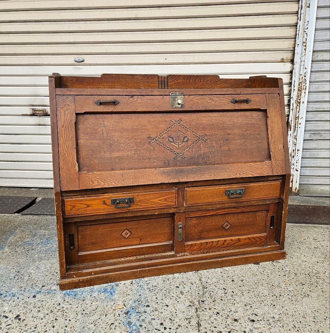 日本のアンティーク 古いライティングビューロー 帳場机 収納棚 明治 大正時代