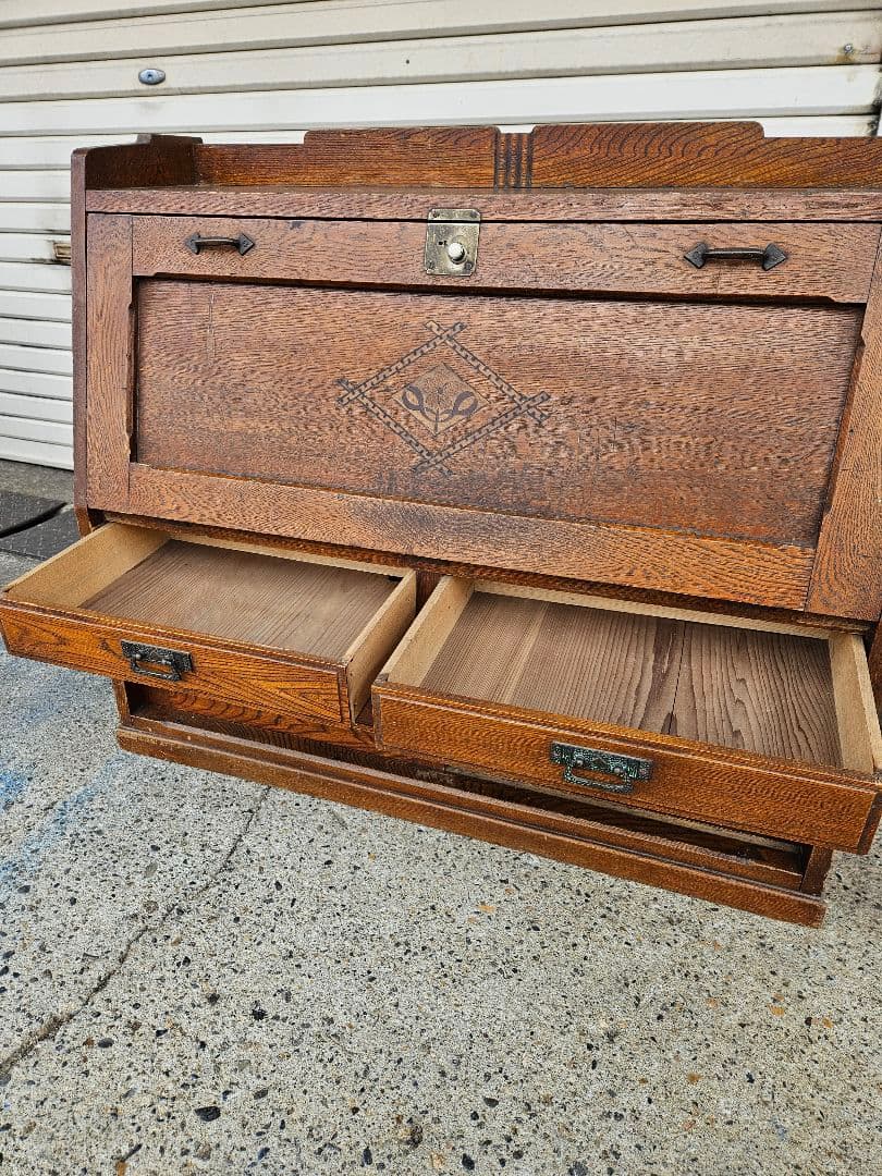 日本のアンティーク 古いライティングビューロー 帳場机 収納棚 明治 大正時代