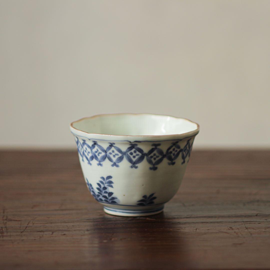 古伊万里　伊万里　江戸　中期　七宝繋ぎ　五葉若葉　向付　猪口　そば猪口　染付