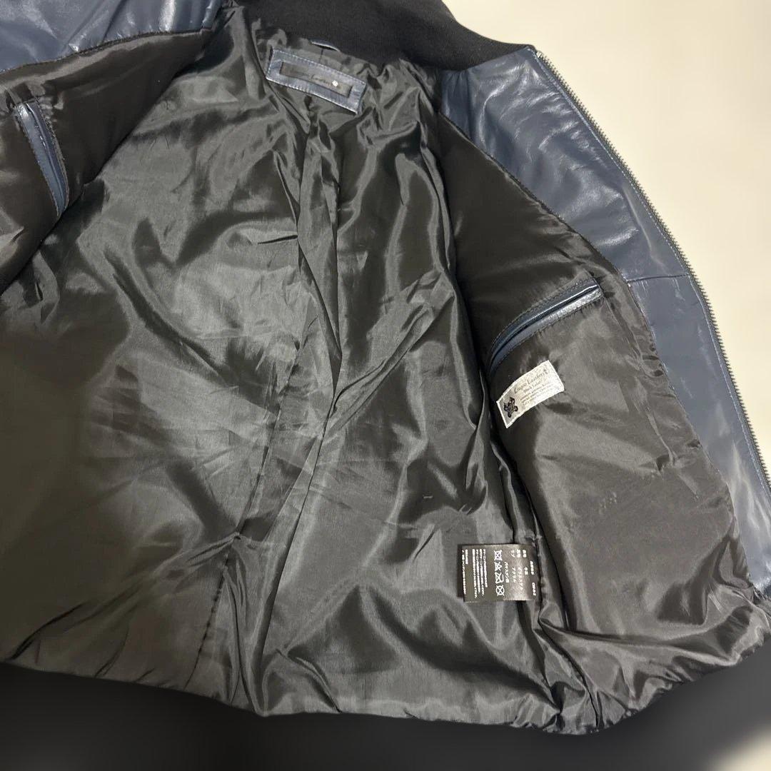 レザーシングルライダースジャケット ネイビー/ブラック　Lサイズ