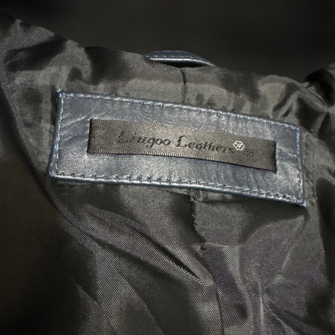 レザーシングルライダースジャケット ネイビー/ブラック　Lサイズ